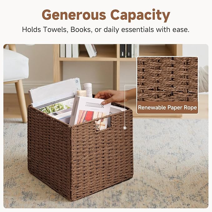 StorageWorks 13 inch Cube Storage Bins,Wicker Baskets for Storage,Brown | 2-Pack,Foldable Square Baskets,Wicker Storage Baskets for Organizing,Paper Rope Square Storage Cubes,Cube Storage Bins