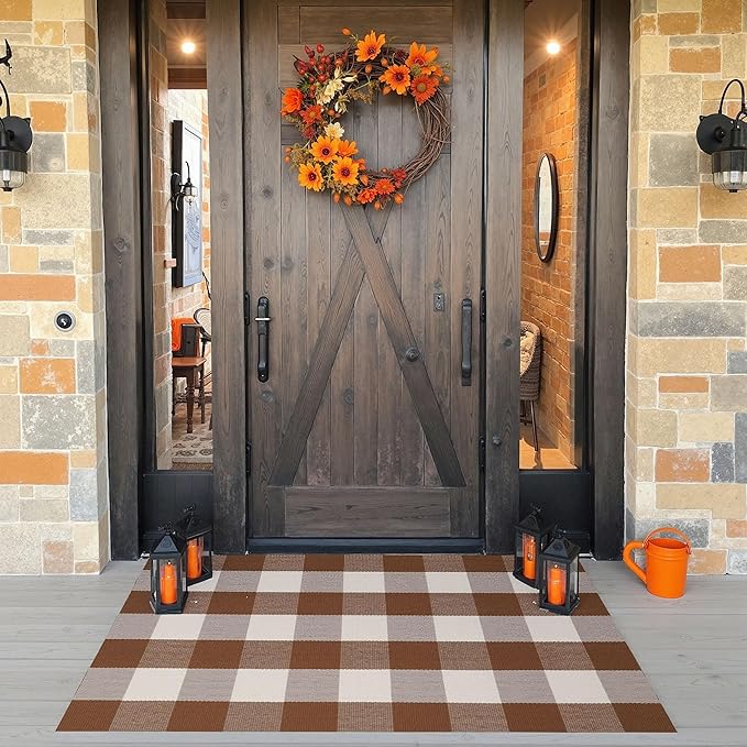 Buffalo Plaid Outdoor Rug 27.5" x 43" Coffee and White Checkered Area Rug Washable Fall Doormats Indoor Outdoor Rugs for Layered Front Door Mats, Porch, Entryway, Kitchen, Farmhouse