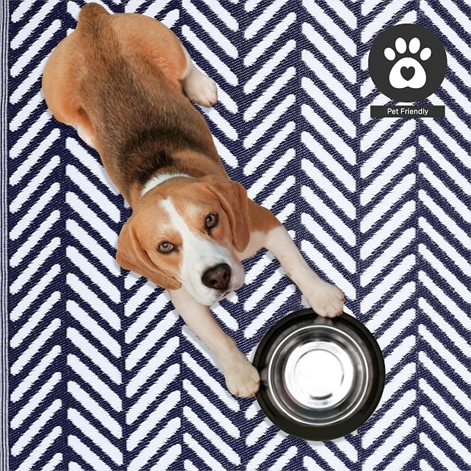 FH Home Outdoor Camping Rug - Waterproof, Fade Resistant, Reversible - Premium Recycled Plastic - Herringbone - Large Patio, Deck, Sunroom, RV - Fresno - Navy - 9 x 12 ft Foldable