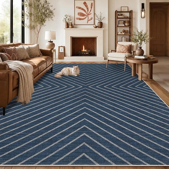 Garvee 9x12 Large Area Rug for Living Room Striped Navy Indoor Outdoor Rugs Non Slip Low Pile Patio Easy Jute Outdoor Rugs Washable Carpet for Porch Kitchen Bedroom Living Room Backyard, Blue9'x12'