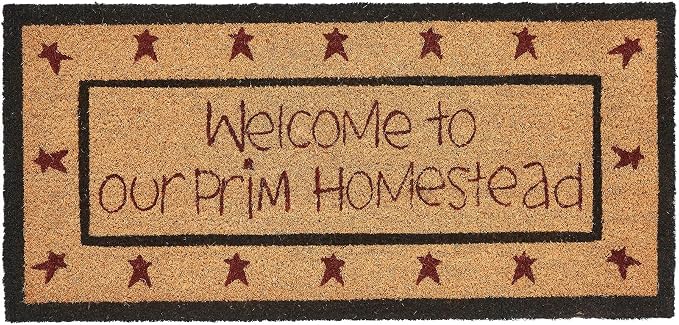 VHC Brands Coir Welcome Door Mat, Entry Rug, with PVC Backing, for Indoor Outdoor Use, Connell Collection, Rectangle 17x36 Doormat, Welcome to Our Prim Homestead, Natural