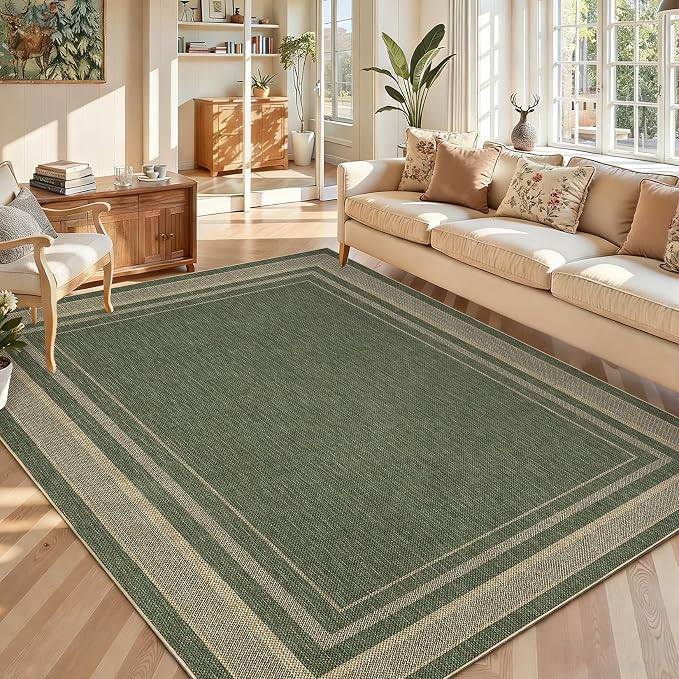 GarveeHome 9x12 Large Area Rug for Living Room Easy Jute Modern Rugs | Non Slip Low Pile Neutral Bordered Solid Tan Dining Room Rugs Washable Carpet for Bedroom Home Office Decor, Green