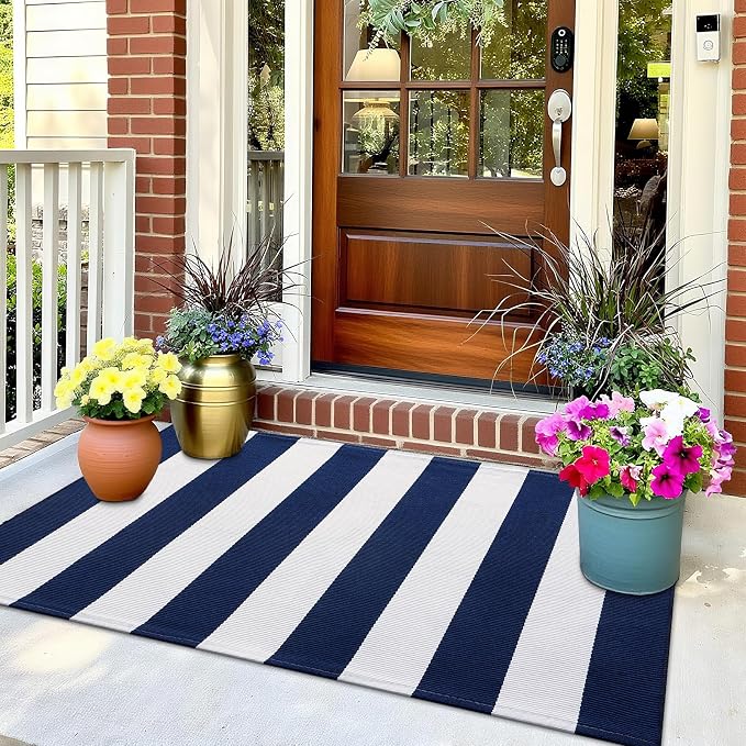 OLANLY Navy and White Striped Rug 2' x 4'3" (24" x 51") – Washable Cotton Indoor Outdoor Doormat for Front Door, Entryway, Kitchen, Porch, Patio Decor