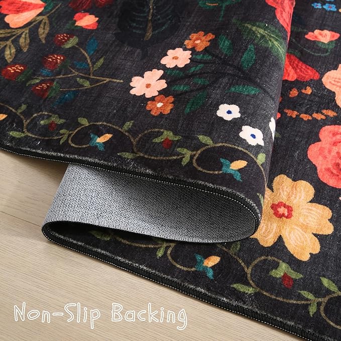 Rugcomf Runner Rug for Hallways Kitchen Rug Non Slip 2'x 6' Washable Runner Rugs with Rubber Backing Soft Floral Carpet Runner for Hallways, Kitchen, Laundry, Bedroom, Bathroom(Black)