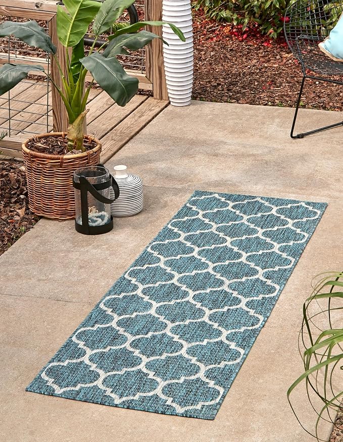 Unique Loom Outdoor Trellis Collection Area Rug (2' x 6' 1" Runner, Teal/ Gray)