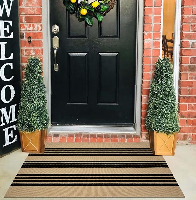 Tan and Black Outdoor Rug,2x3 ft Striped Small Area Rug Cotton Woven Washable Farmhouse Layered Door Mats for Entryway/Porch Decor/Kitchen/Home Entrance