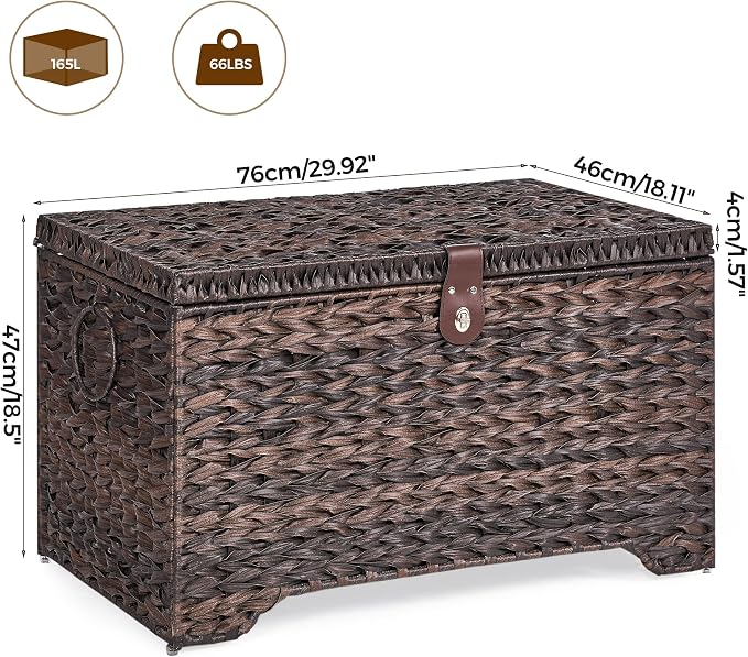 165L Handwoven Wicker Storage Basket with Lid, Large Storage Trunk | Leather Buckle Closure; Waterproof PP Wicker; Large Metal Ring Handles; Reinforced Steel Frame
