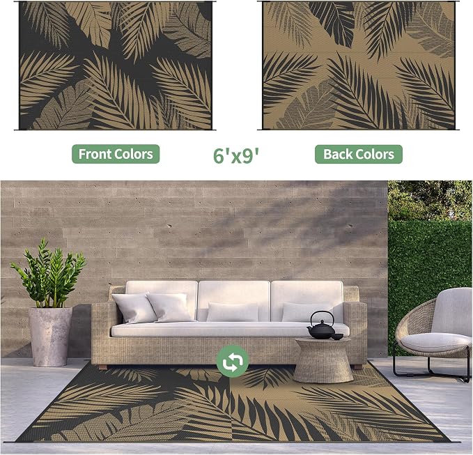 GENIMO Outdoor Rug, Waterproof Plastic Rugs for Patio, 6'x9' Black Brown | Outside Larger Leaf Carpet Mat for Porch Decor, Deck, Balcony, Camping, RV, Backyard, Picnic, Beach, Reversible, Foldable