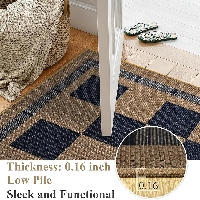 Vasofe 2x6 Jute Checkered Rugs, Outdoor Runner, Runner Carpet for Hallway | Washable PatPorch Balcony Runner Rug Indoor Bedroom Kitchen Laundry Mat, Non Slip Plaid Farmhouse Carpets, Navy and Brown