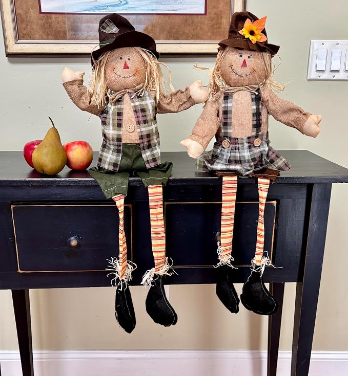 Worth Imports Sitter W, Set of 2 32" Sitting Scarecrow with Long Legs, Set of Two, Beige, Green, Rust, Orange, Black (2222)