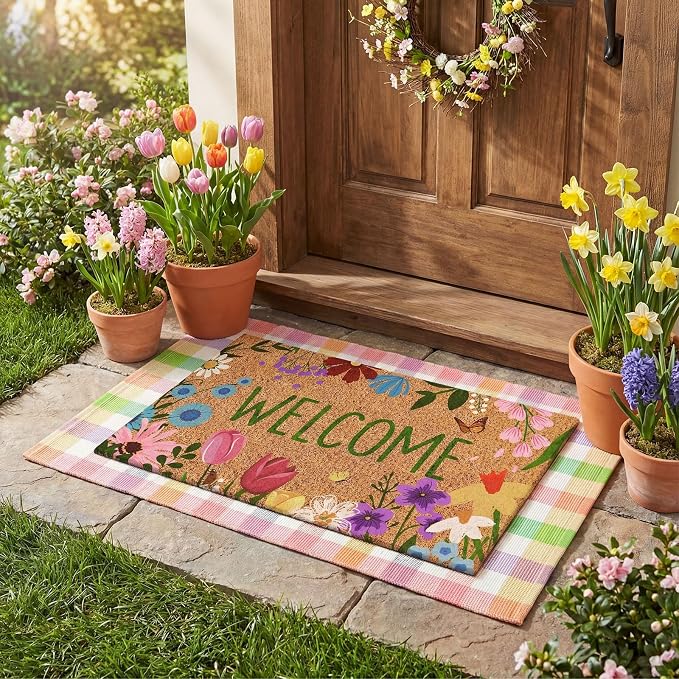 Moucuny 2 Pcs Farmhouse Coir Doormat Outdoor Flower Welcome Outdoor Rug Front Porch Mats Layered Colorful Plaid Rugs for Front Door Porch Entryway Decor