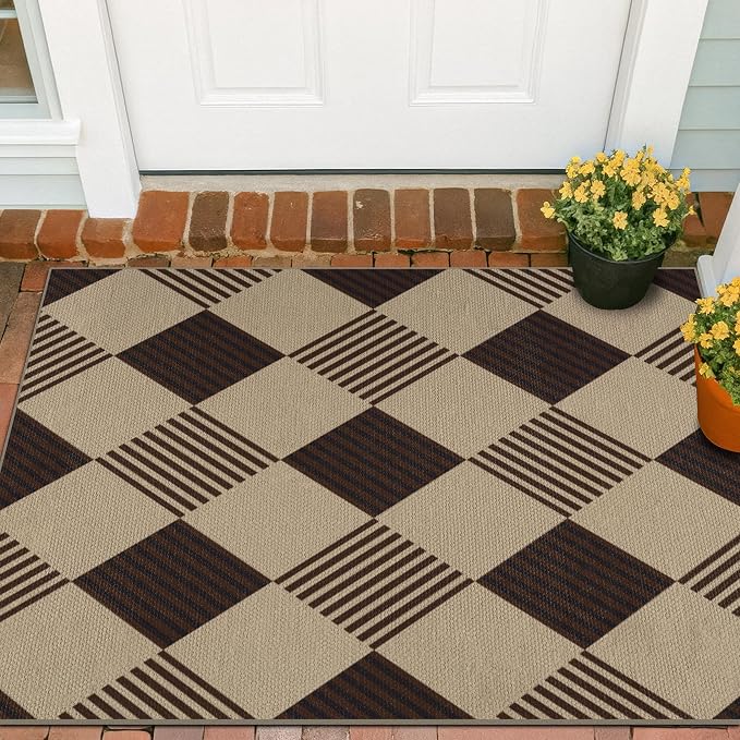 3x4 Entryway Door Mat Indoor – Washable Non Slip Small Rug for Front Door, Kitchen Sink, Mudroom, Garage Entry, Low Profile Easy Clean Farmhouse Plaid Floor Mat
