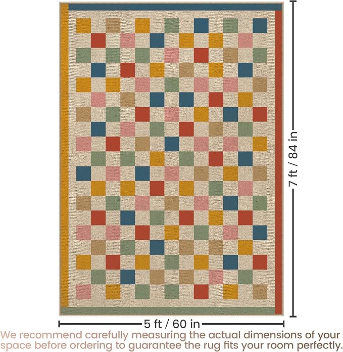 Washable 5x7 Checkered Easy Jute Rug for Living Room, Colorful Rainbow Checkerboard Boho Outdoor Indoor Patio Large Rugs, Low Pile Lightweight Carpet Mat for Dining Bedroom Backyard Classroom Kids