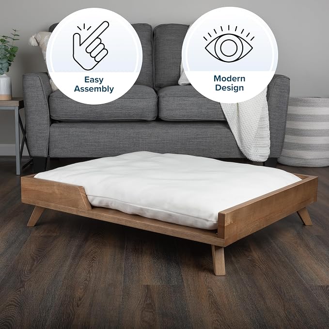 Elevated Dog Bed - 36” x 29.5” Indoor Pet Bed with Frame and Soft Cushion - Mid-Century Modern Wood Dog Bed for Medium to Large Pets by PETMAKER (Natural)
