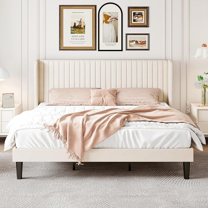 SHA CERLIN King Size Velvet Bed Frame, Tufted Wingback Headboard, Cream | 47'' Modern Vertical Channel Headboard, Upholstered Platform Bed, Wood Slats, No Box Spring Needed, Easy Assembly, Noise Free