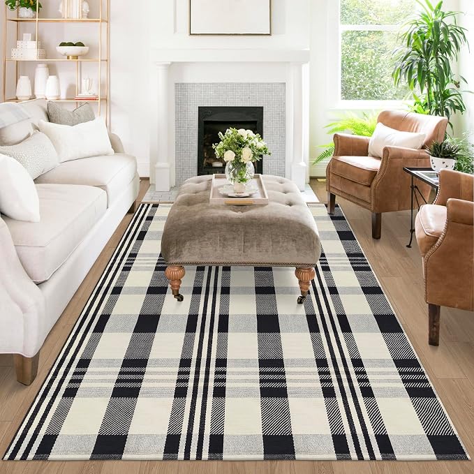 Buffalo Plaid Outdoor Rug 4x6 Cotton Woven Rug Black and Off White Checkered Rug Front Porch Decor Washable Indoor Outdoor Area Rug for Living Room Bedroom Dining Room Patio Farmhouse Carpet