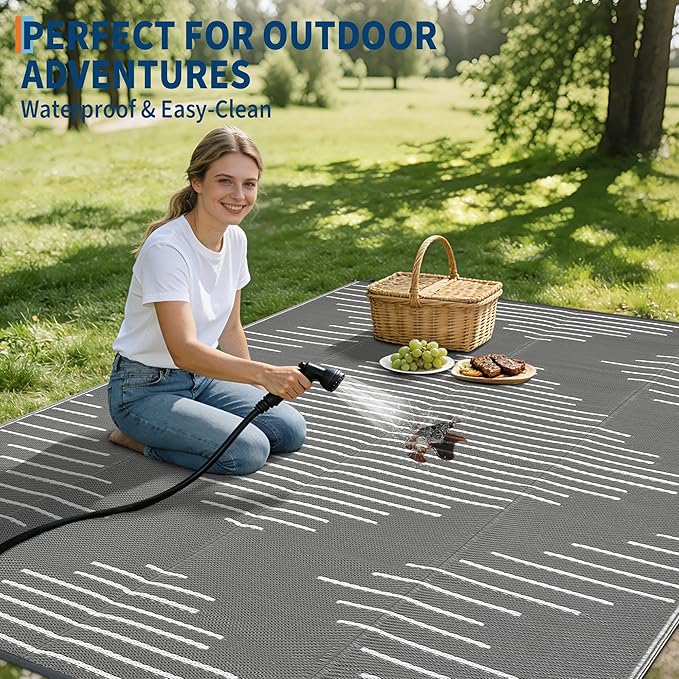 Garvee 6x9 Area Rugs Plastic Reversible Patio Rugs Outdoor Waterproof Easy-Cleaning Large Floor Mat for Outdoors Backyard Porch RV Beach Picnic Grey White