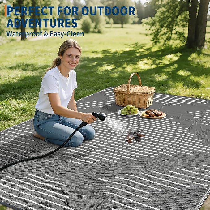 Garvee Area Rug 8x10 Waterproof Outdoor Rugs for Patio Plastic Reversible Rugs Easy-Cleaning Large Floor Mat for Outdoors Backyard Porch RV Beach Picnic Grey White