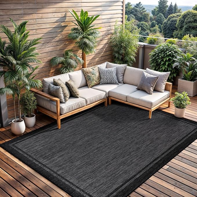 CAMILSON Indoor Outdoor Rug, 8x10 Bordered Dark Gray Black Modern Area Rugs for Indoor and Outdoor Patios, Kitchen and Hallway Mats, Washable Porch Deck Outside Carpet (Bordered Black, 8 x 10)