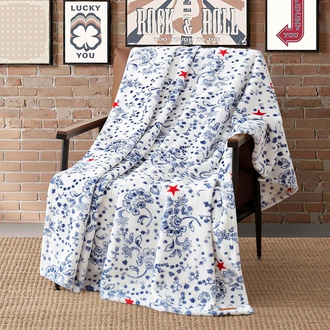 Lucky Brand 50" x 70" Plush Throw Blanket, Bandana White/Navy | For Sofa or Bed
