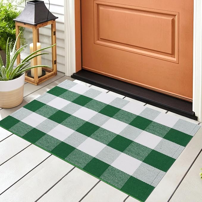 uxcell Buffalo Check Rug,Plaid Outdoor Rug,Layered Door Mat,Cotton Gingham Rugs,Floor Mat for Front Porch/Runner/Bedroom/Kitchen/Farmhouse 35"x24" Green & White
