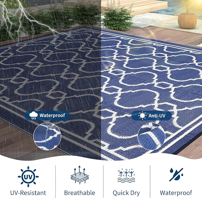 Garvee 8 x 10 Outdoor Rug Waterproof for Patio, Foldable Reversible Plastic Straw Area Rug, Large Mats for Camping, RV, Balcony, Deck, Picnic, Beach, Blue & White