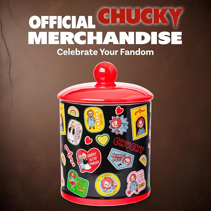 Silver Buffalo Chucky and Tiffany Sticker Badges, Ceramic Cookie Jar | Pattern, Snack, Large Size