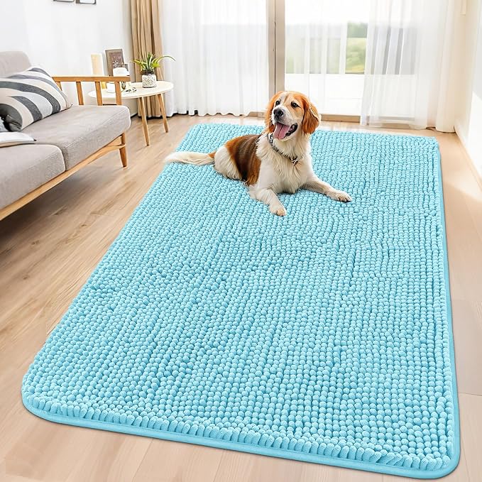 Smiry Dog Door Mat for Muddy Paws 59x32, Absorbent Dirt Trapper, Non-Slip Washable Chenille Entryway Rug for Inside Floor, Sky Blue, Classic Solid