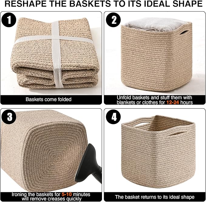 ICERZCZ 11 Inch Cube Storage Bins, Storage Cube Organizer Bins, Woven Cotton Rope Baskets for Storage, Storage Basket for Organizing Shelves, Square Baskets for Toys Nursery, Brown (Pack of 3)