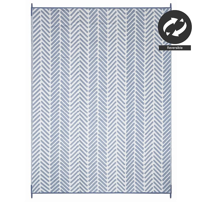 FH Home Outdoor Camping Rug - Waterproof, Fade Resistant, Reversible - Premium Recycled Plastic - Herringbone - Large Patio, Deck, Sunroom, RV - Fresno - Light Blue - 9 x 18 ft Foldable