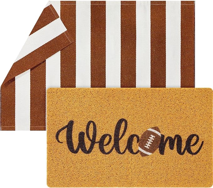 Geelin 2 Pcs Fall Front Door Mat Welcome Mat Outdoor Decorative Doormat Non Slip Buffalo Checkered Rug for Indoor Outdoor(Welcome Football)