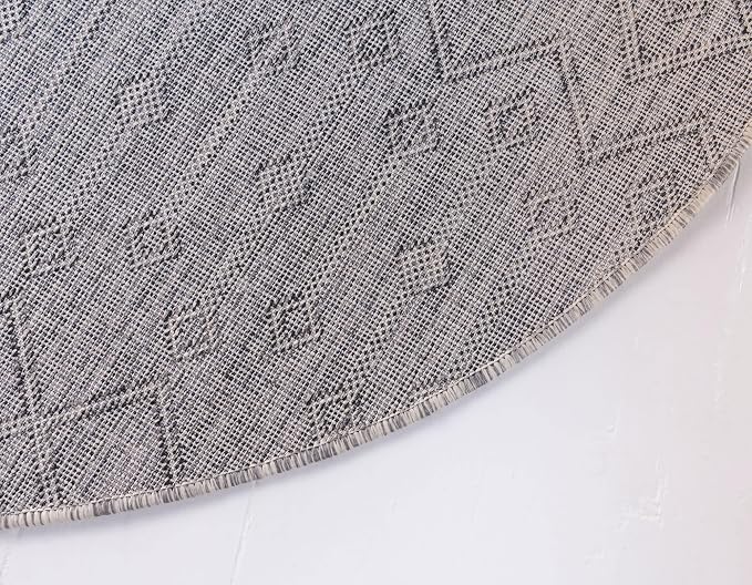 Unique Loom Outdoor Trellis Collection Area Rug - Tribal Trellis (3' 3" Round, Gray/ Black)
