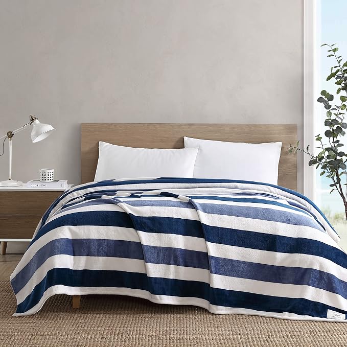Nautica - Queen Size Blanket, Micro Flannel Fleece, Soft Blanket, Plush & Cozy Bedding, Striped Americana Decor, Awning Stripe Navy