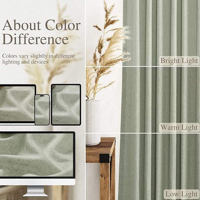 Sage Green Curtains 100 inches Long 2 panels for Living Room Back Tab Rod Pocket Semi Sheer Linen Draperies Muted Neutral Sage Room Decor Earth Tone Pale Green Curtains 100 inch Length for Bedroom