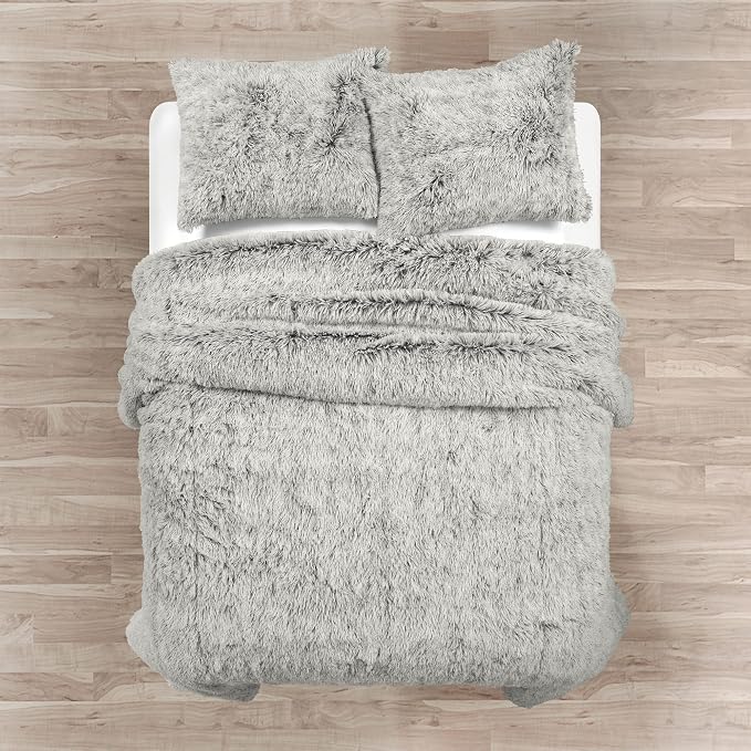 Lush Decor Emma Cozy Soft Fluffy Two Tone Faux Fur Comforter Set, King, Gray - College Dorm Shaggy Plush Warm 3 Piece Bedding Set
