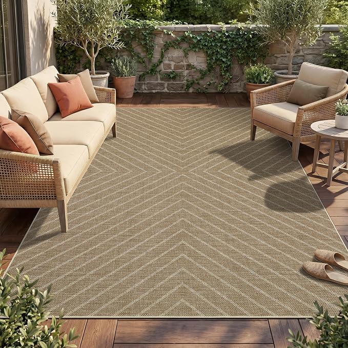 Garvee Washable Easy Jute Living Room Rug - Striped Outdoor Rugs 9x12 for Patio, Large Farmhouse Indoor Outdoor Carpet, Non Slip Low Pile Stain Resistant Carpet for Bedroom Dining Room 9'x12'