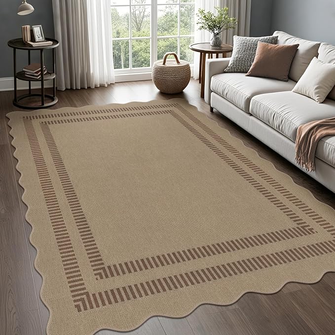 Scalloped 5x7 Rug for Living Room, Easy Jute Washable Outdoor Patio Carpet, Farmhouse Indoor Brown Geometric Rug Neutral Non Slip Carpet for Living Room Backyard