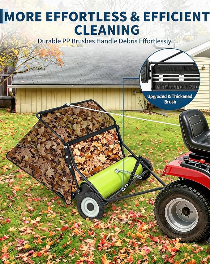 Garvee 48 in Lawn Sweeper Tow Behind, 26 Cu. ft Large Hopper Leaf & Grass Collector, Heavy Duty Pull Behind Yard Sweeper with Adjustable Sweeping Height for Yard, Lawn, Farm | Leaf & Grass Collector,Heavy Duty Pull Behind Yard Sweeper with Adjustable S...
