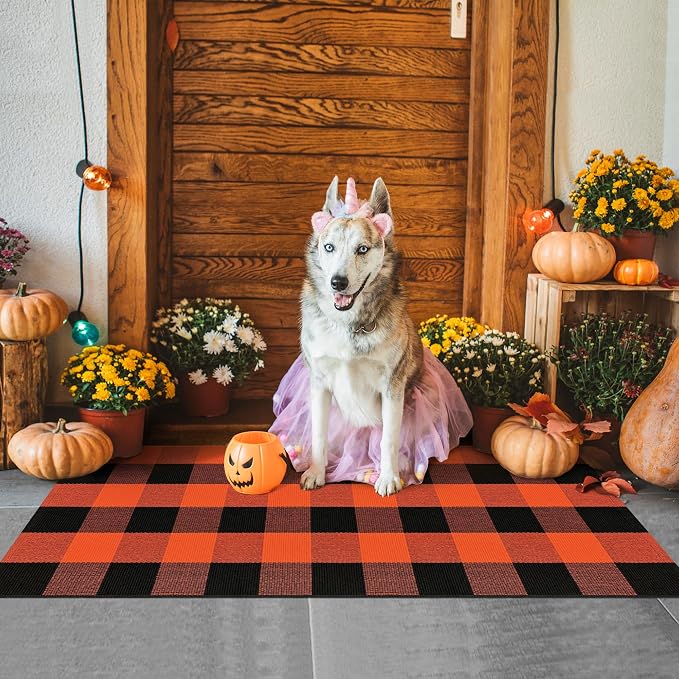 Buffalo Plaid Outdoor Rug Orange and Black 2x4.3 Cotton Woven Checkered Rug Washable Halloween Front Porch Rug Layered Fall Outdoor Mats for Front Door Autumn Farmhouse Entryway Patio Decor