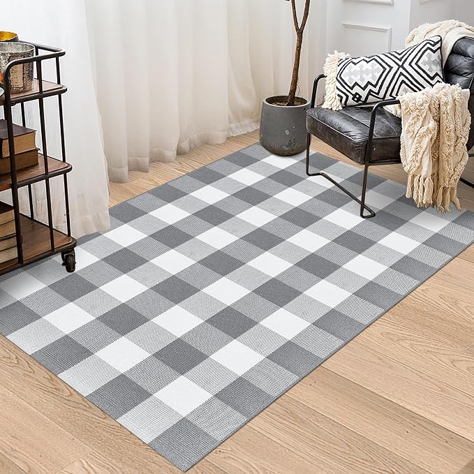 Buffalo Plaid Rug 3x5 Cotton Woven Buffalo Check Rug Grey and White Checkered Outdoor Rug Washable Indoor Outdoor Area Rug Layered Front Door Mats Carpet for Farmhouse Entryway Living Room Bedroom