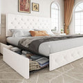 Allewie Upholstered King Size Platform Bed Frame with 4 Storage Drawers and Adjustable Headboard, Diamond Button Tufted, Wooden Slats Support, Noise-Free, No Box Spring Needed, Easy Assembly, White
