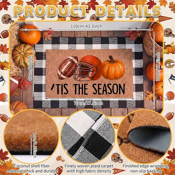 Moucuny 2 Pcs Fall Coir Doormat Outdoor Its The Season Football Doormat with Black and White Plaid Outdoor Rug Non Slip Mats for Autumn Entrance Porch Front Decor, 24'' x 35'', 16'' x 28''