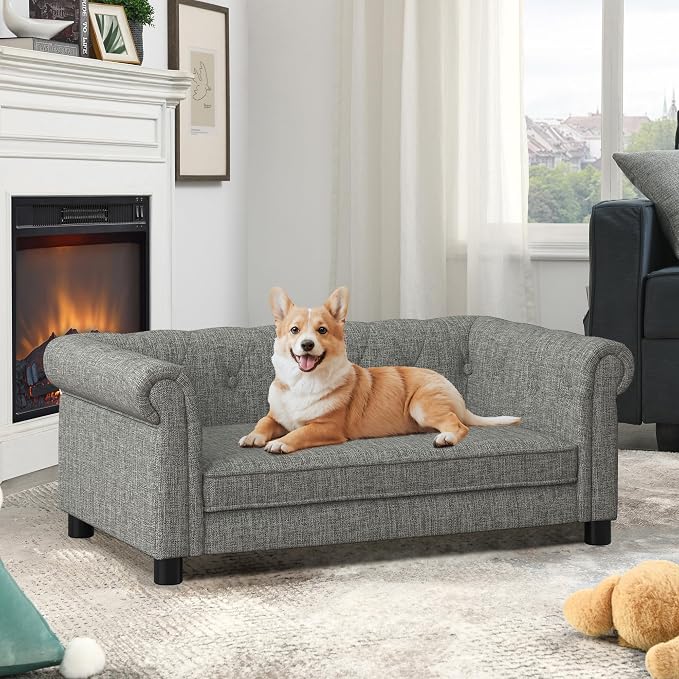 38.9" Upholstery Elevated Dog Sofa with Button‑Tufted Backrest & Rolled Armrests, Pet Couch Bed with Removable Soft Cushion, Comfy Modern Deep Seat Raised Dog Bed for Living Room, Bedroom, Light Grey