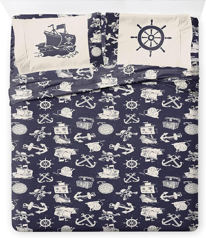 One Piece Luffy Queen Comforter Set 7 Piece Soft Anime Bedding, Blue | Bed in a Bag, Comforter Sheets Shams Pillowcases, Official Product, Soft Microfiber, Machine Washable, Kids Gift