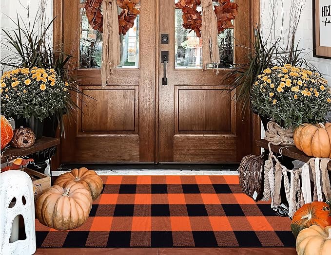 Orange and Black Outdoor Rug 2x4ft,Halloween Front Porch Rug Fall Cotton Woven Washable Layering Rug for Porch,Entryway,Hallway Indoor Outdoor