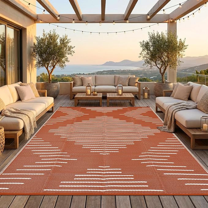 Garvee Waterproof Outdoor Area Rug 9x12 Plastic Reversible Rug for Patio Decor Easy-Cleaning Large Floor Mat for Camping RV Porch Deck Backyard Balcony Picnic Terracotta White