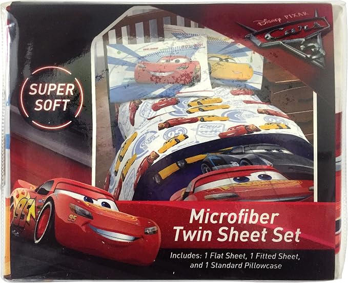Jay Franco Kids Sheet Cartoon Set with Fitted, Flat Sheets & Pillow Cover - Ultra-Soft Bedding with Pillowcase for Room Decor, White - Cars, 3 Piece Twin