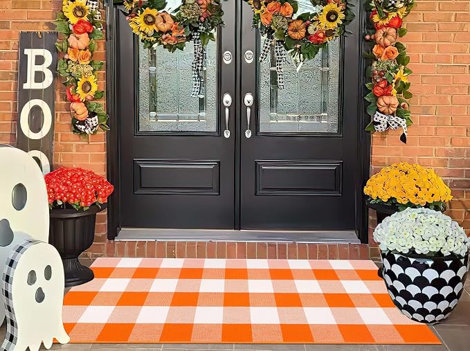 Orange and White Outdoor Rug 24'' x 51'',Halloween Front Porch Rug Fall Cotton Woven Washable Layering Rug for Porch,Entryway,Hallway Indoor Outdoor