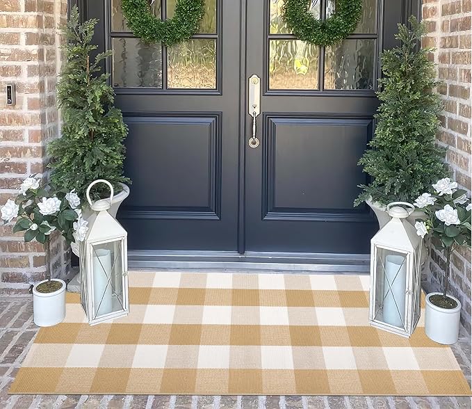 2'X4.3'Outdoor Rug Khaki and White Checkered Front Porch Rug Cotton Woven Washable Layered Doormat for Entryway Dining Room Bedroom Living Room