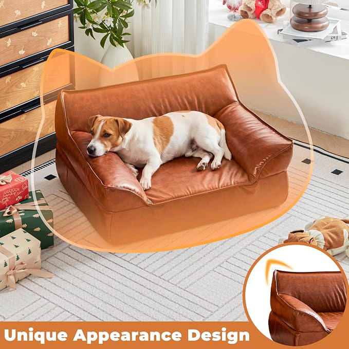 Dog Couch Bed Leather Cat Sofa for Small and Medium Pets Under 50 lbs, Brown Mid Century Modern Elevated Dog Sofa Chair Luxurious Indoor Furniture Style Pet Supplies for Puppy